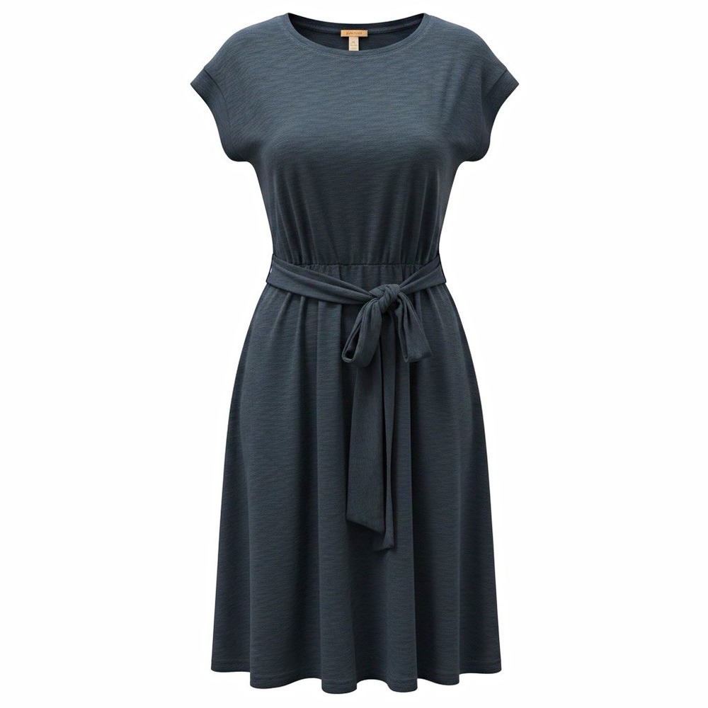 J.Crew Women's Blue Solid Knee Length Dress Short Sleeve Crew Neck Tie Waist